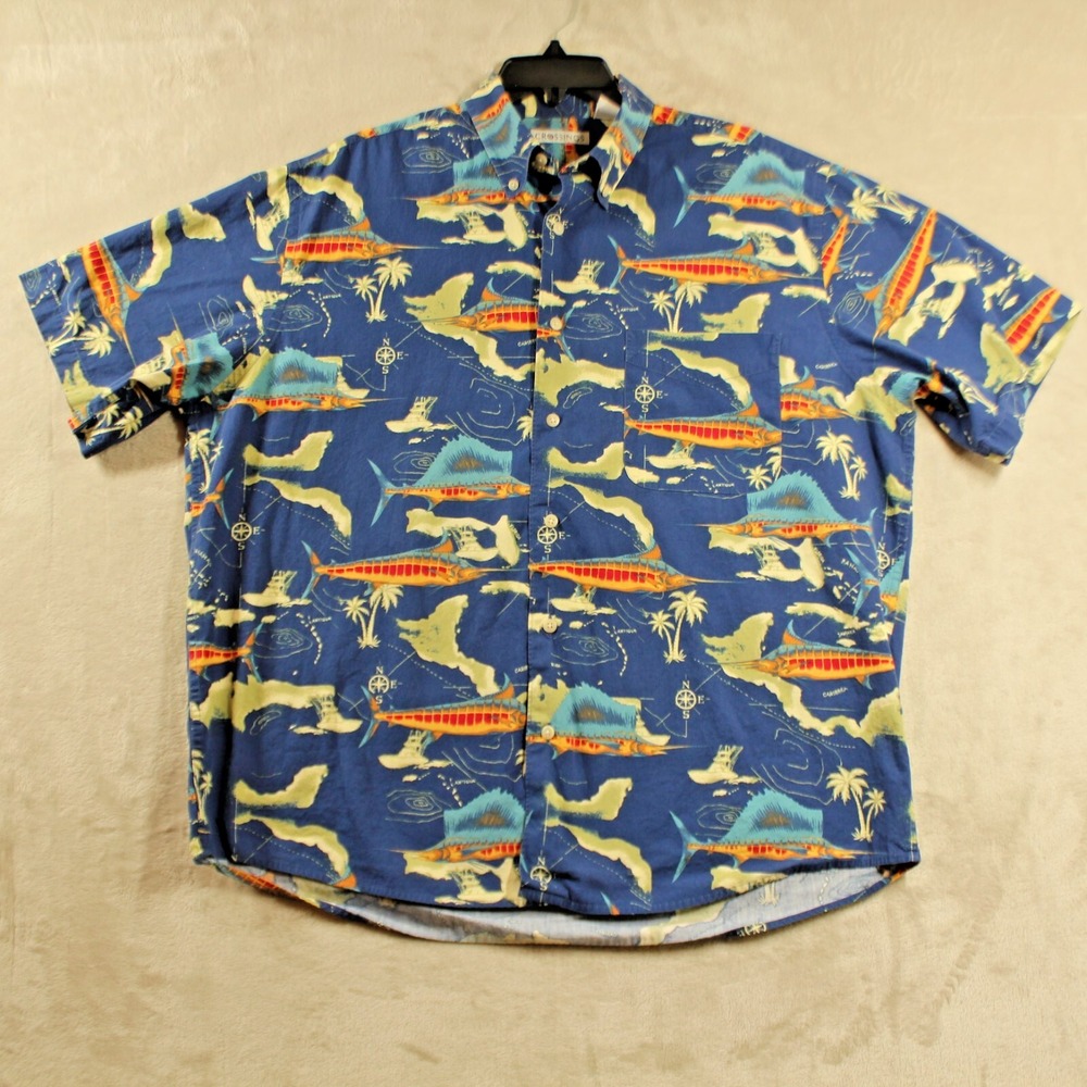 Crossings Mens Size Large Short Sleeve Shirt Marlin Ocean Button Down Casual